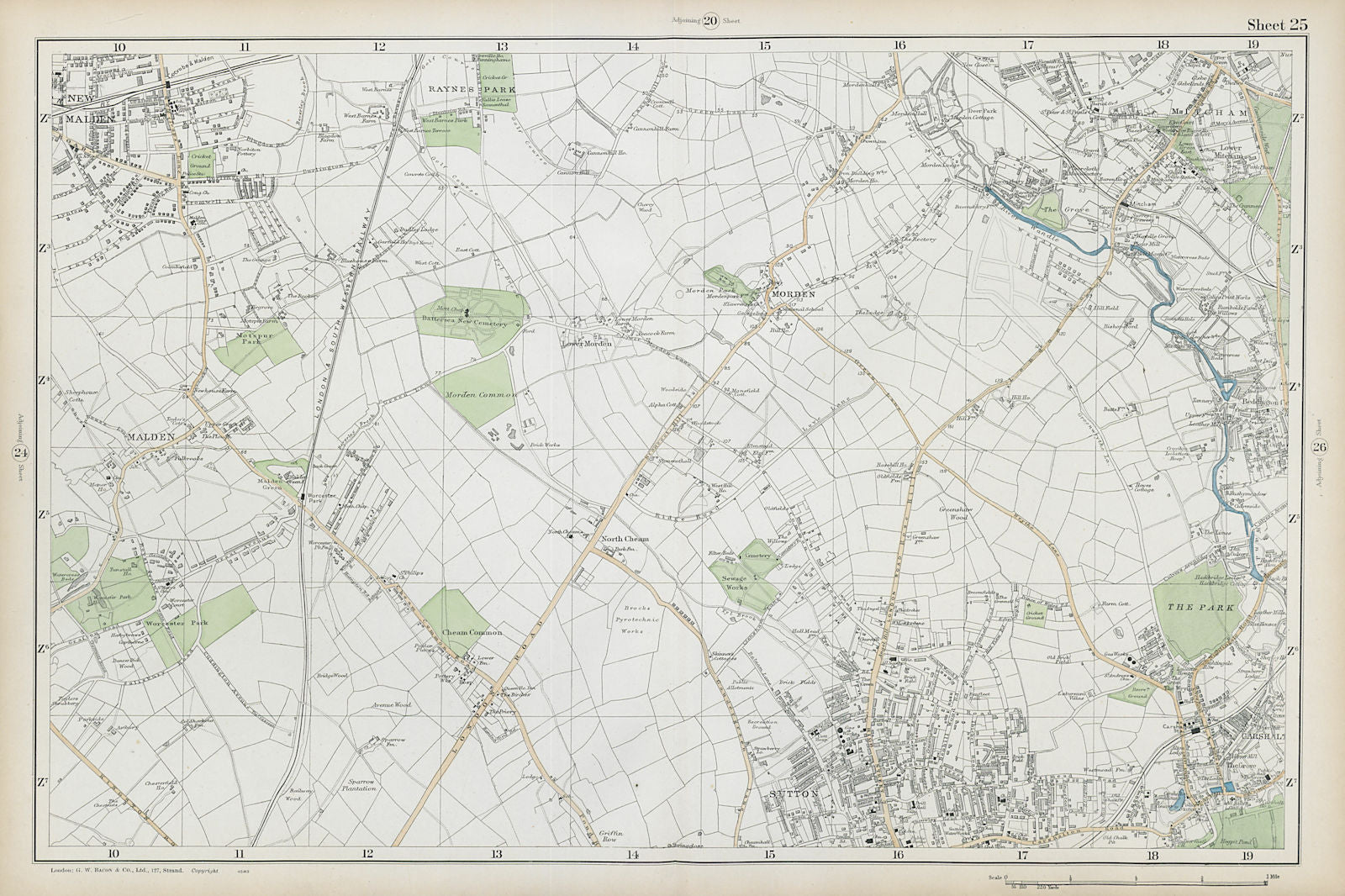 SUTTON Carshalton Morden New Malden Worcester Pk Mitcham Cheam. BACON  1906 map